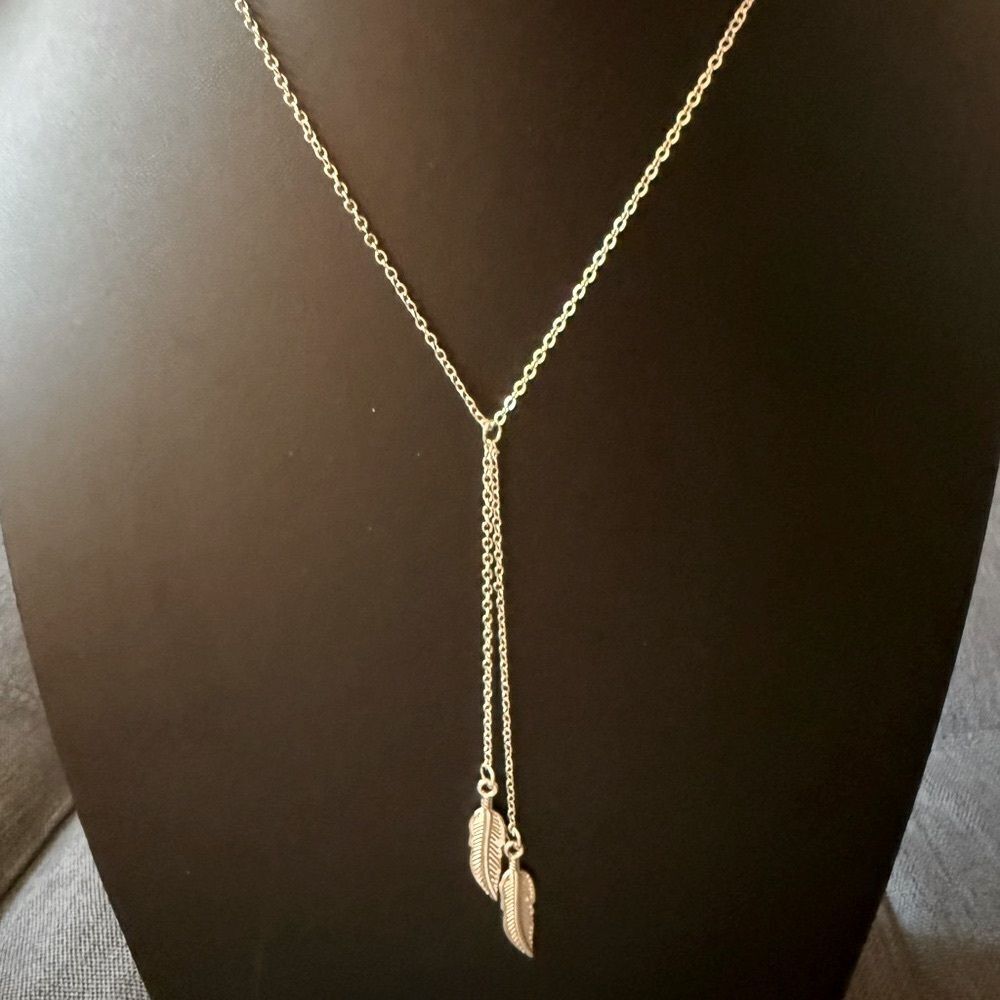 Bohemian Silver-tone Y Shape Necklace with 2 Leaves Hanging Pendant.